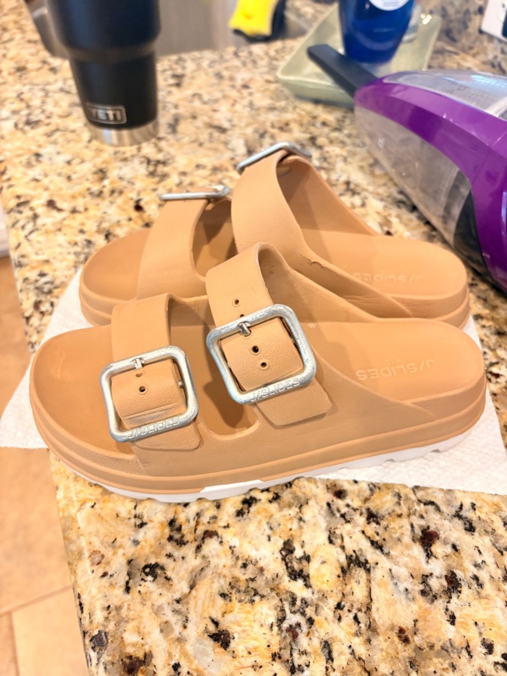 J Slides Tan Double-Buckle Slide Sandals